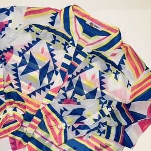 Xtaren Southwest Aztec Geometric Blouse L Chiffon Sheer Roll Tab Sleeve Tunic